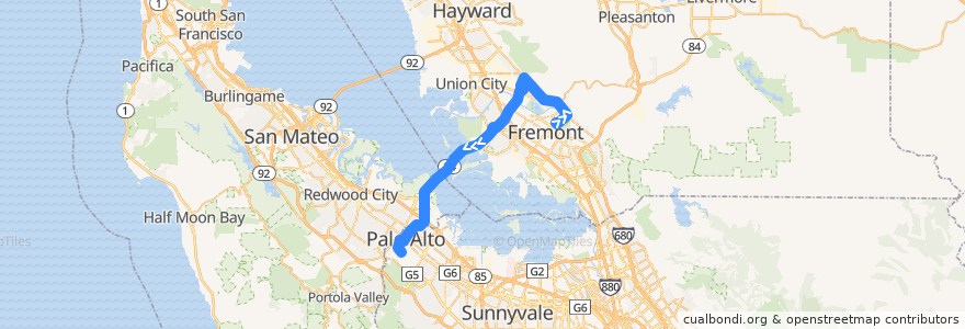 Mapa del recorrido Marguerite East Bay Express: Fremont BART => Stanford Campus Oval de la línea  en California.