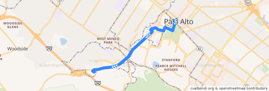 Mapa del recorrido Marguerite S: Palo Alto Transit Center => Rosewood Hotel (evenings) de la línea  en Californië.