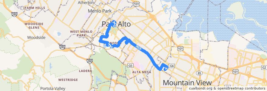 Mapa del recorrido Marguerite Shopping Express: Palo Alto Transit Center => San Antonio Transit Center de la línea  en Santa Clara County.