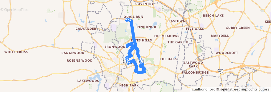 Mapa del recorrido CHT Route A: Southern Human Services → Weiner / Severin de la línea  en Chapel Hill.