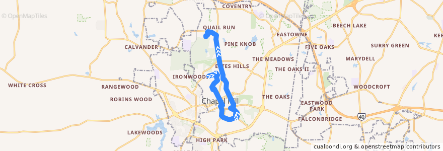 Mapa del recorrido CHT Route A: Weiner / Severin → Southern Human Services de la línea  en Chapel Hill.