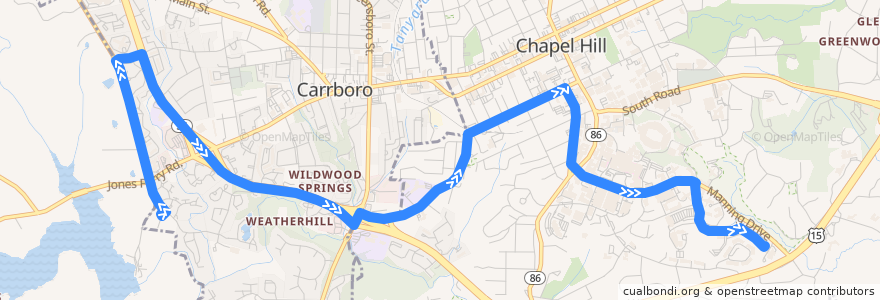 Mapa del recorrido CHT Route CM: Jones Ferry Park and Ride Lot → Family Medicine Center de la línea  en Orange County.