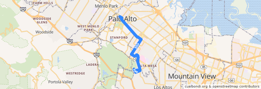 Mapa del recorrido Marguerite Research Park: Stanford Research Park => Palo Alto Transit Center (evenings) de la línea  en Palo Alto.