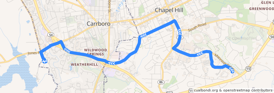 Mapa del recorrido CHT Route CM: Family Medicine Center → Jones Ferry Park and Ride Lot de la línea  en Orange County.