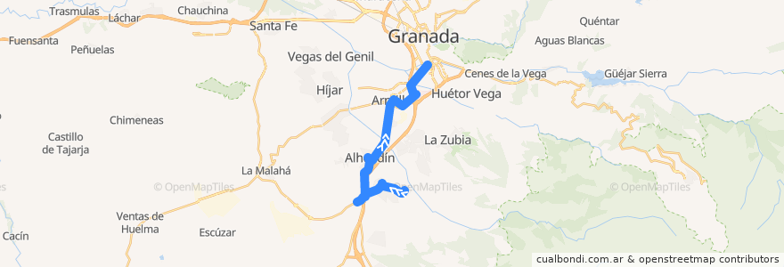 Mapa del recorrido Bus 0160: Villa de Otura → Alhendín → Granada de la línea  en Comarca de la Vega de Granada.