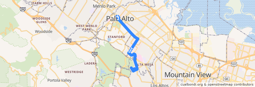 Mapa del recorrido Marguerite Research Park: Palo Alto Transit Center => Stanford Research Park (mornings) de la línea  en Пало-Альто.