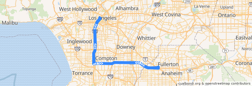 Mapa del recorrido OC Bus 721 de la línea  en Los Angeles County.