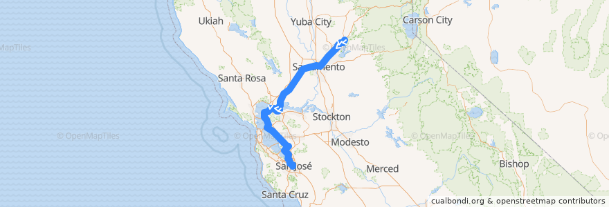 Mapa del recorrido Amtrak Capitol Corridor: Auburn => San José de la línea  en Kalifornien.