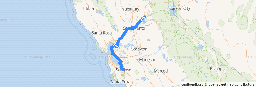 Mapa del recorrido Amtrak Capitol Corridor: Auburn => San José de la línea  en Californie.