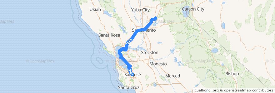 Mapa del recorrido Amtrak Capitol Corridor: San José => Auburn de la línea  en 加利福尼亚州/加利福尼亞州.