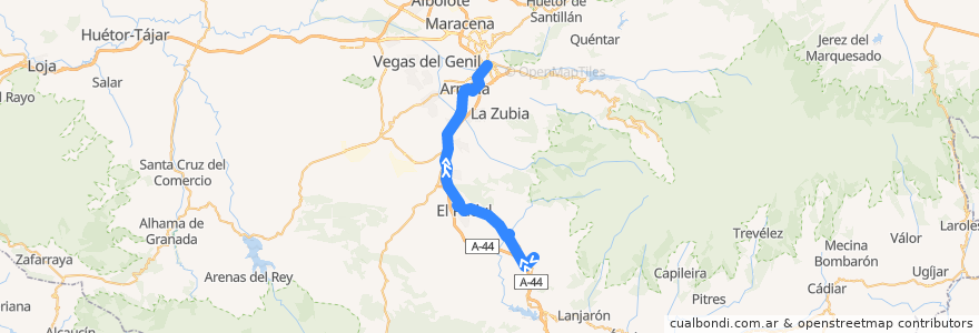 Mapa del recorrido Bus 0360: Nigüelas → Dúrcal → Marchena → El Padul → Alhendín → Granada de la línea  en غرناطة.