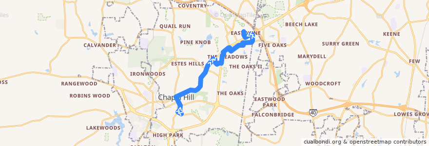 Mapa del recorrido CHT Route D: UNC Hospitals → Franklin Street → Eastowne de la línea  en Chapel Hill.