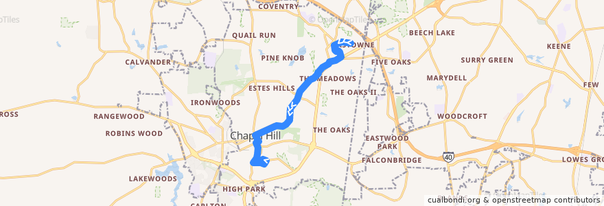 Mapa del recorrido CHT Route D: Eastowne → UNC Hospitals de la línea  en Chapel Hill.
