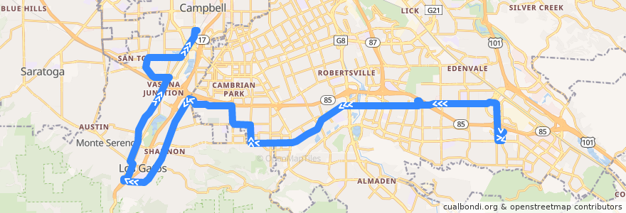 Mapa del recorrido VTA 27: Kaiser San Jose => Winchester de la línea  en Santa Clara County.