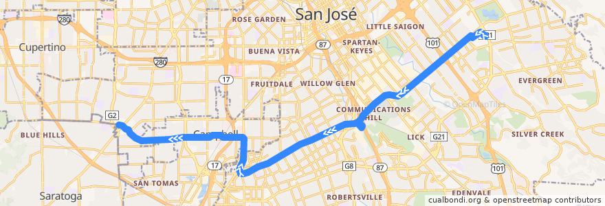 Mapa del recorrido VTA 26: Eastridge Transit Center => Westgate Mall de la línea  en Santa Clara County.