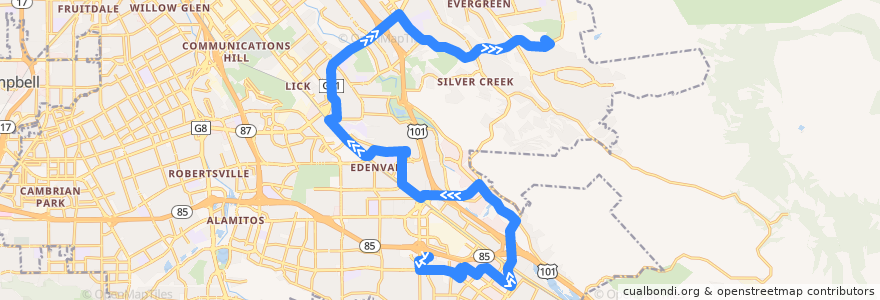 Mapa del recorrido VTA 42: Kaiser San Jose => Evergreen Valley College de la línea  en San Jose.