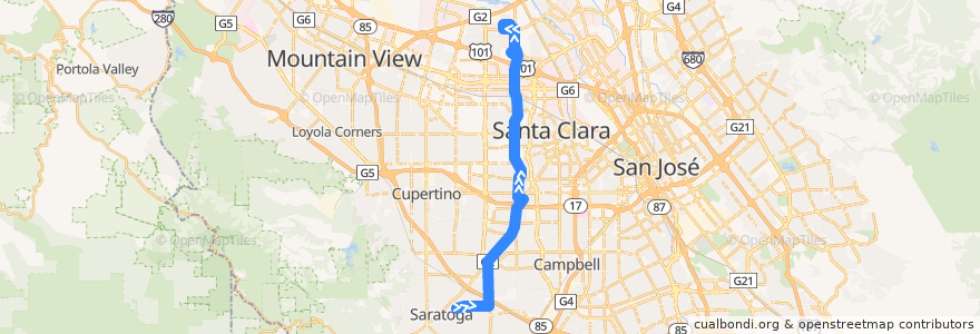 Mapa del recorrido VTA 57: West Valley College => Great America de la línea  en Santa Clara County.