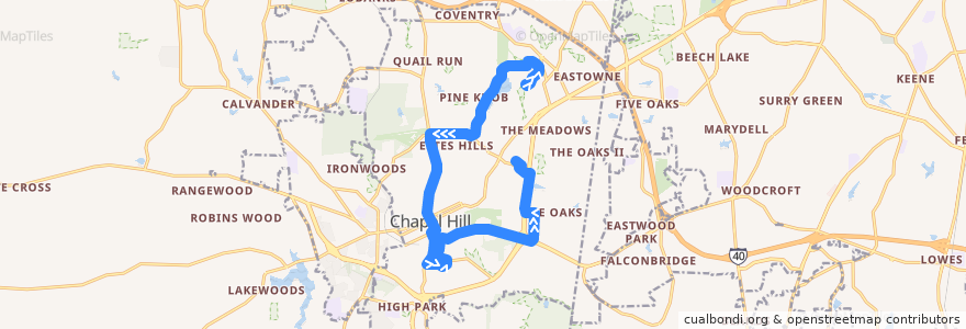 Mapa del recorrido CHT Route G: Booker Creek → UNC Hospitals → University Place de la línea  en Chapel Hill.