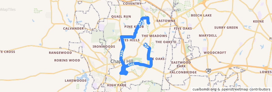 Mapa del recorrido CHT Route G: University Place → UNC Hospitals → Booker Creek de la línea  en Chapel Hill.