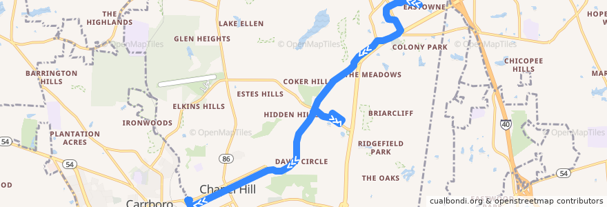 Mapa del recorrido CHT Route D Saturday: Eastowne → University Place → Greenbridge de la línea  en Chapel Hill.