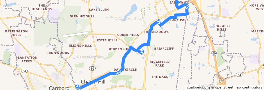 Mapa del recorrido CHT Route D Saturday: Greenbridge → University Place → Eastowne de la línea  en Chapel Hill.