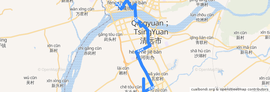 Mapa del recorrido 清远203路公交（西门塘公交总站→华南863科技创新园） de la línea  en 清城区.