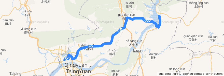 Mapa del recorrido 清远206路公交（西门塘公交总站→飞来峡） de la línea  en Qingcheng.