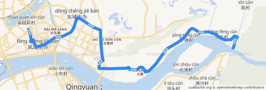 Mapa del recorrido 清远207路公交（西门塘直街→白庙村） de la línea  en 东城街道.