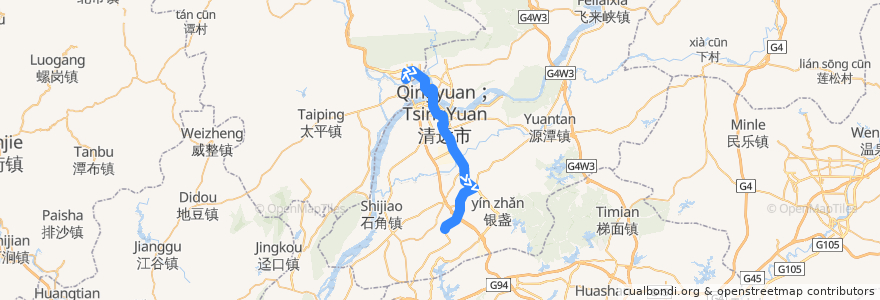 Mapa del recorrido 清远210路公交（城北客运站→北部万科城） de la línea  en Distretto di Qingcheng.