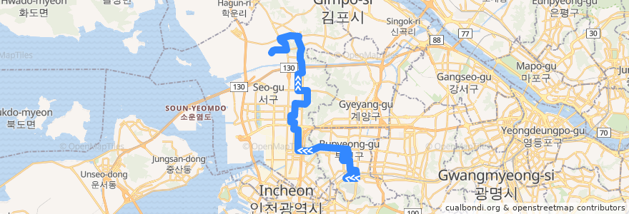 Mapa del recorrido 인천 버스 1 →인천성모병원 de la línea  en 인천광역시.