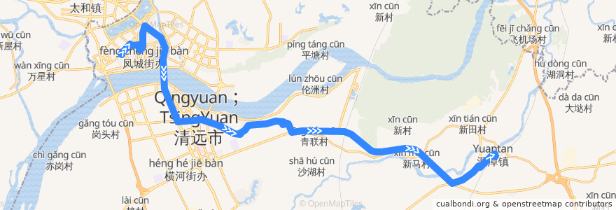 Mapa del recorrido 清远213路公交（西门塘公交总站→源潭火车站） de la línea  en Qingcheng.