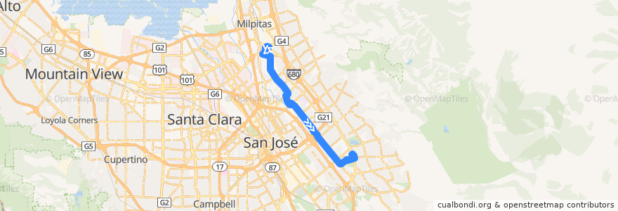 Mapa del recorrido VTA 77: Milpitas BART => Eastridge Transit Center de la línea  en San Jose.