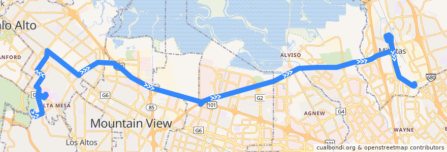 Mapa del recorrido VTA 104: Stanford Research Park => Milpitas Bart (evenings) de la línea  en Santa Clara County.