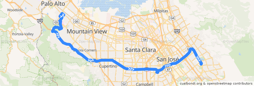 Mapa del recorrido VTA 103: Stanford Research Park => Eastridge Transit Center (evenings) de la línea  en Santa Clara County.