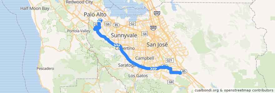 Mapa del recorrido VTA 102: Stanford Research Park => Santa Teresa (evenings) de la línea  en Santa Clara County.