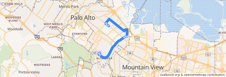 Mapa del recorrido VTA 288: Middlefield & Colorado => VA Hospital Palo Alto de la línea  en Palo Alto.