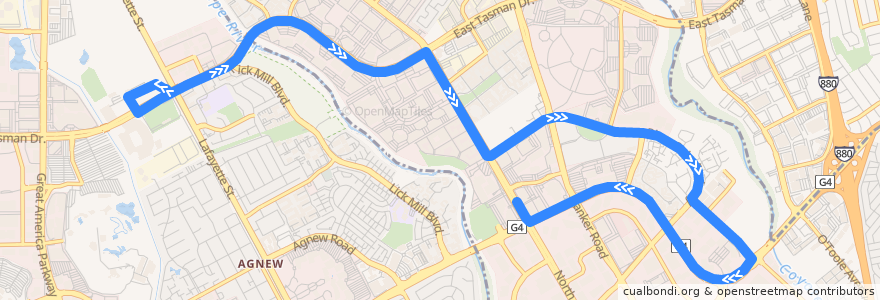 Mapa del recorrido VTA 828: Great America Amtrak/ACE => 1st & Montague (mornings) de la línea  en Santa Clara County.