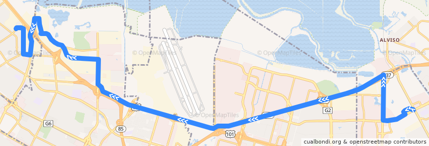 Mapa del recorrido VTA 824: Great America Amtrak/ACE => Meadow & Meadow Circle (mornings) de la línea  en مقاطعة سانتا كلارا.