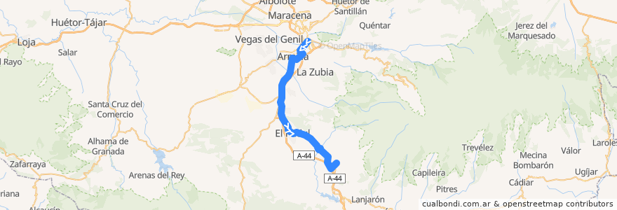 Mapa del recorrido Bus 0360: Granada → Alhendín → El Padul → Marchena → Dúrcal → Nigüelas de la línea  en Granada.