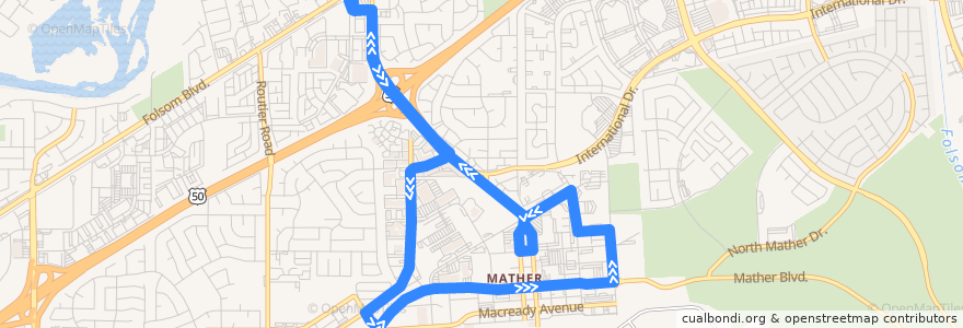 Mapa del recorrido SacRT 75 Mather Field de la línea  en Rancho Cordova.