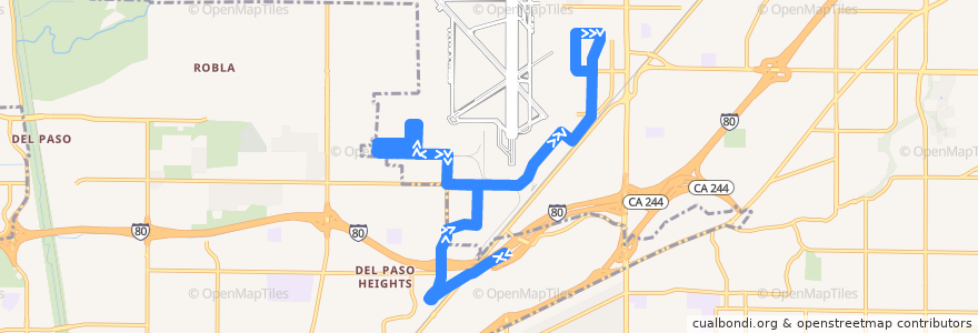 Mapa del recorrido SacRT 85 McClellan Park de la línea  en Sacramento County.