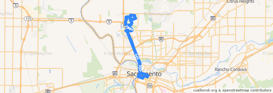 Mapa del recorrido SacRT 172 Central - North Natomas Jibe Express de la línea  en Sacramento.