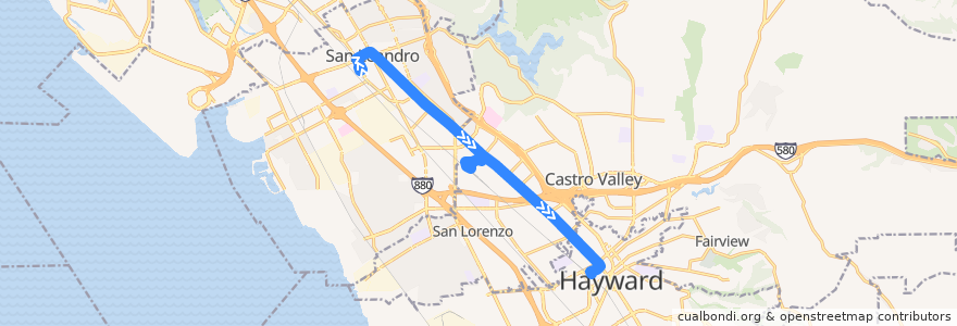 Mapa del recorrido AC Transit 10: San Leandro BART => Hayward BART de la línea  en Comté d'Alameda.