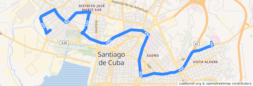 Mapa del recorrido Ruta 37. Hosp. C. Quirurgico->Nuevo Vista Alegre de la línea  en Ciudad de Santiago de Cuba.