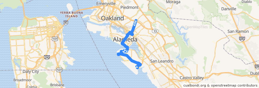 Mapa del recorrido AC Transit 21: Dimond District => Harbor Bay Ferry Terminal => Oakland International Airport (mornings) de la línea  en مقاطعة ألاميدا (كاليفورنيا).