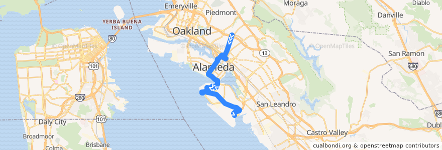 Mapa del recorrido AC Transit 21: Dimond District => Harbor Bay Ferry Terminal => Oakland International Airport (mornings) de la línea  en Alameda County.