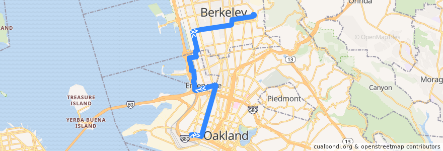 Mapa del recorrido AC Transit 36: West Oakland BART => U.C. Campus de la línea  en Alameda County.