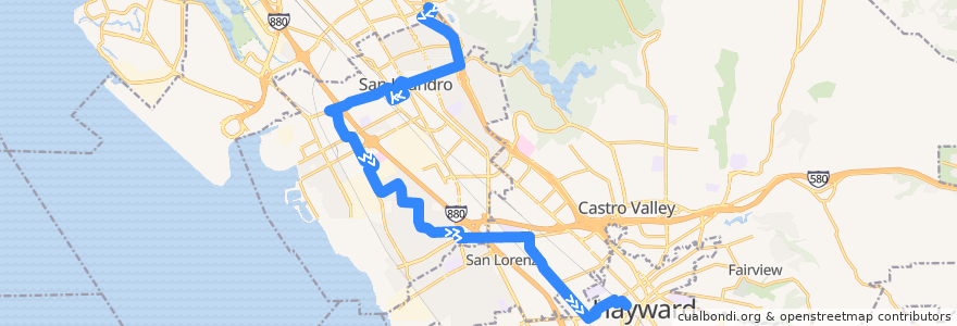 Mapa del recorrido AC Transit 34: Foothill Square => Hayward BART de la línea  en مقاطعة ألاميدا (كاليفورنيا).