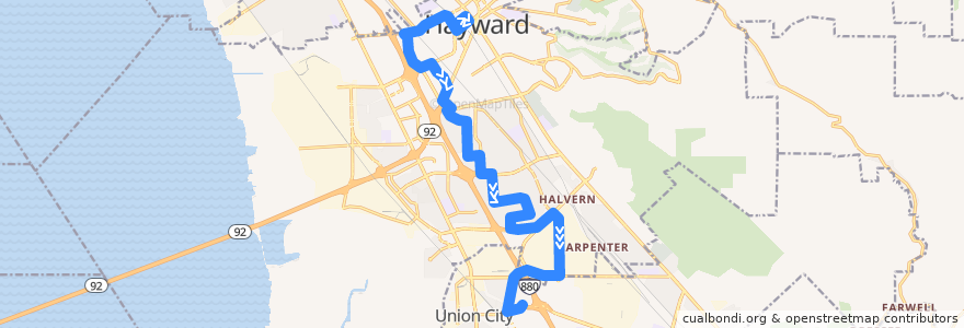 Mapa del recorrido AC Transit 56: Hayward BART => Union Landing Transit Center de la línea  en Hayward.