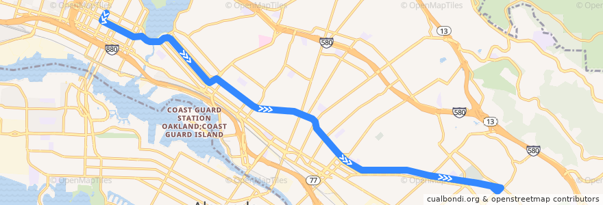 Mapa del recorrido AC Transit 840: Downtown Oakland => Eastmont Transit Center de la línea  en 奥克兰/奧克蘭/屋崙.